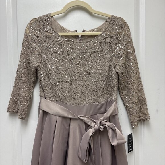 New ALEX EVENINGS Size 4 Beige Sequined-Bodice High-Low Gown Cocktail Dress Midi - Picture 5 of 15